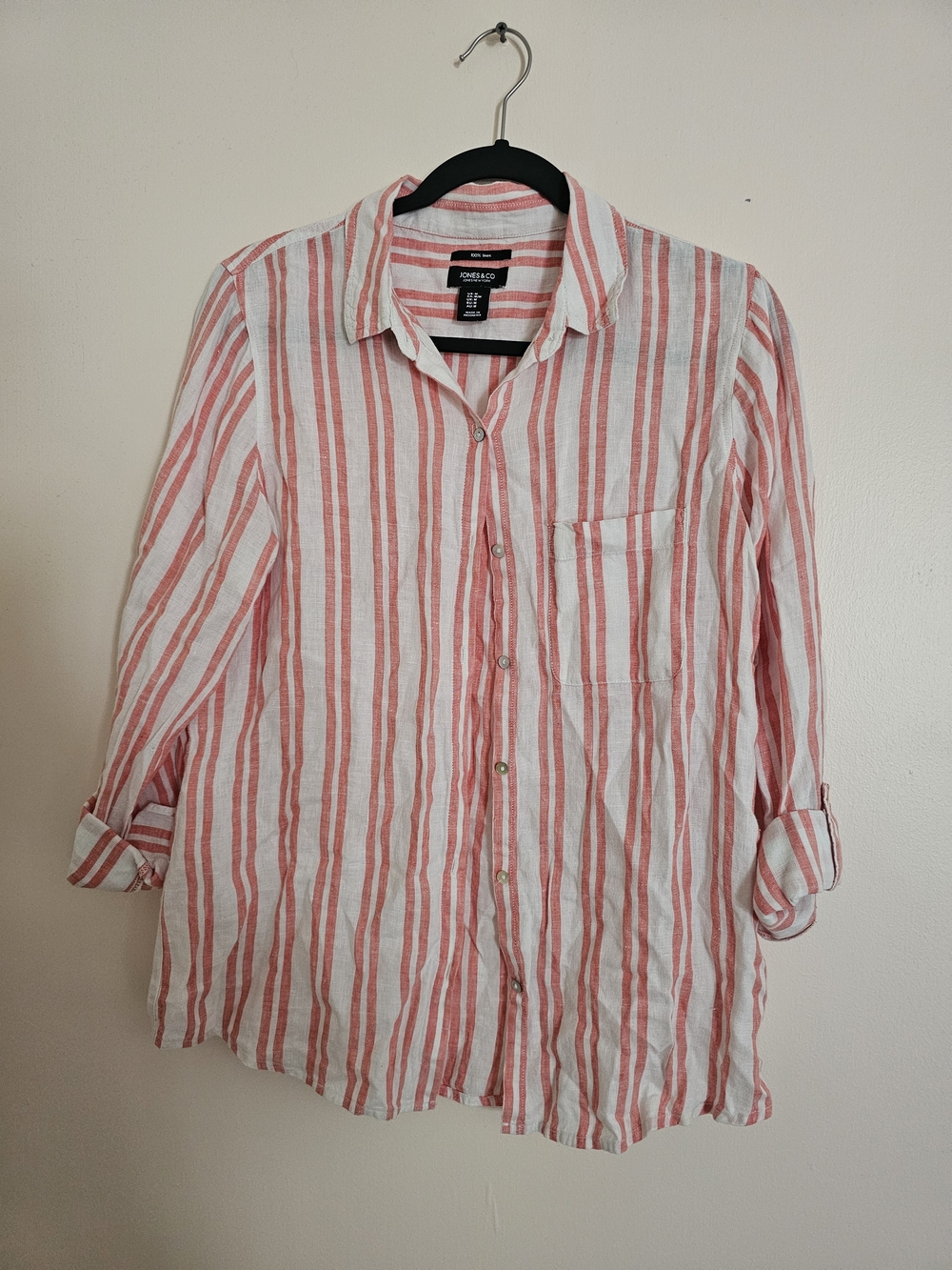 Jones & Co Medium 100% Linen Red & White Striped Button-Up Shirt